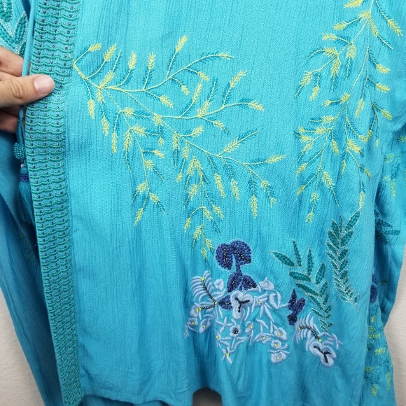 Chico's Aqua Blue Embroidery Beaded Bohemian Duster Kimono Beach Cover Up Sz S/M - Picture 7 of 12
